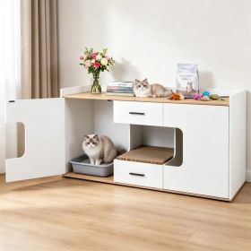 Large Cat Litter Box Enclosure Furniture with Storage Drawers & Built-In Scratching Board, Hidden Cat Washroom Cabinet with Anti-Tipping Kit for (Option: Default Title)