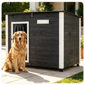 42.5" x 27" x 33.5" Outdoor Dog House with Sloped Asphalt Roof, Elevated Floor & Openable Roof Weatherproof Pet Kennel with PVC Door Curtain for (Option: Default Title)