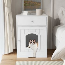 White Wooden Cat Litter Box Enclosure W Drawer & Side Table, Indoor Pet Crate Nightstand For Home (Option: WHITE)