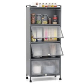 5-Tier Rolling Microwave Stand Flip Dust-Proof Doors 4 Casters with Brakes Kitchen Storage Rack Gray (Option: Default Title)